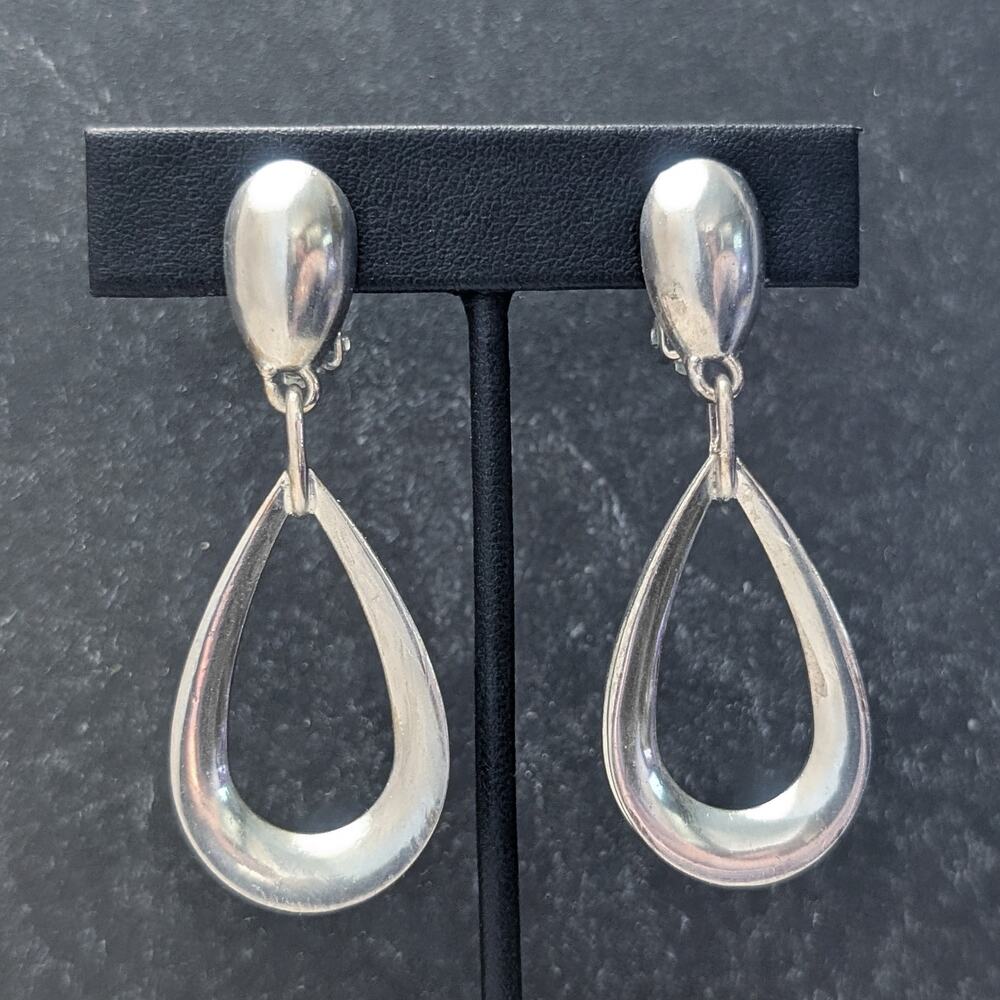 Vintage Clip On Earrings Large Unusual Silver Tone Dangle Drop Stylish Earrings